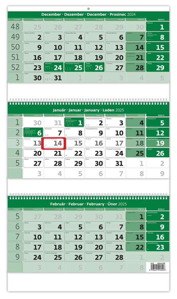 Dreimonatiger grüner Kalender mit Spirale und Namenskalender